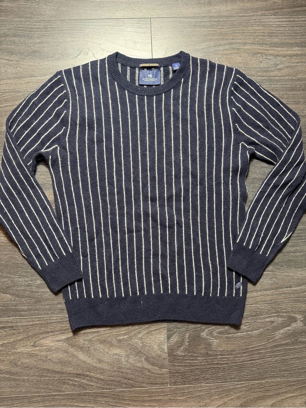 Scotch & Soda Navy and White Vertical-Stripe Crewneck Sweater